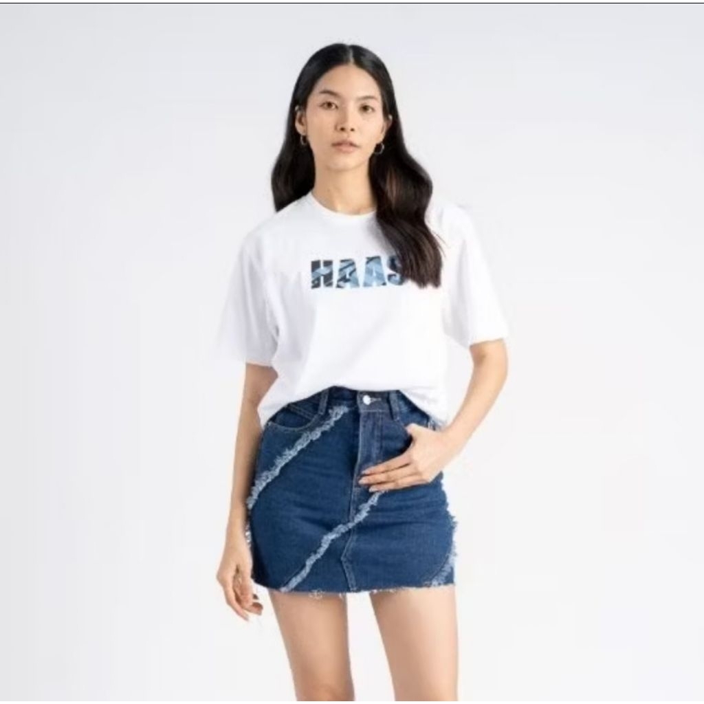 เสื้อยืดผ้าคอตตอล HASS แท้ สีขาว ทรงตรง