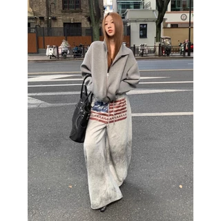 [Trendy printed sports wide-leg pants]กางเกงกีฬาขากว้างพิมพ์ลายฮิปฮอปสำหรับผู้หญิง กางเกงขายาวสีเทาแบบลำลอง