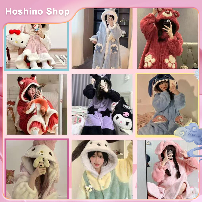 วาเลนไทน์ขายดี ชุดนอนน่ารักลายการ์ตูนสำหรับผู้หญิง ชุดนอนผ้าปะกา ชุดนอนฤดูหนาวกำมะหยี่ปะการัง เสื้อคลุมอาบน้ำลายสัตว