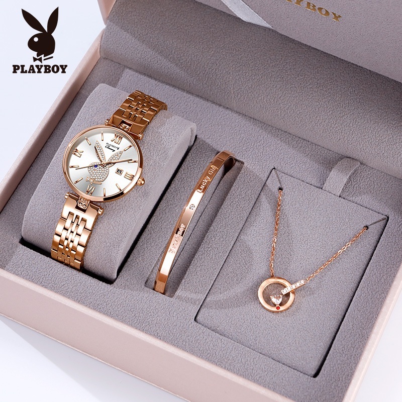 PLAYBOY ชุดนาฬิกาข้อมือ กันน้ำ 100%  สเตนเลส สร้อยคอ กำไล ของขวัญวันวาเลนไทน์ สำหรับผู้หญิง ของขวัญวันเกิด กล่องของขวัญ
