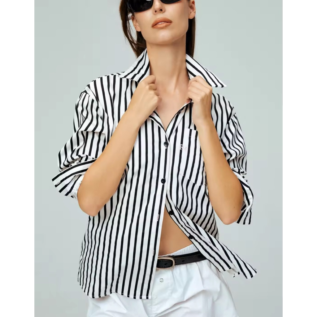 Rally Lighthouse Striped Shirt - เสื้อเชิ้ตแขนยาวผ้าคอตตอนลายทาง ใหม่ ซื้อไม่ได้ใส่