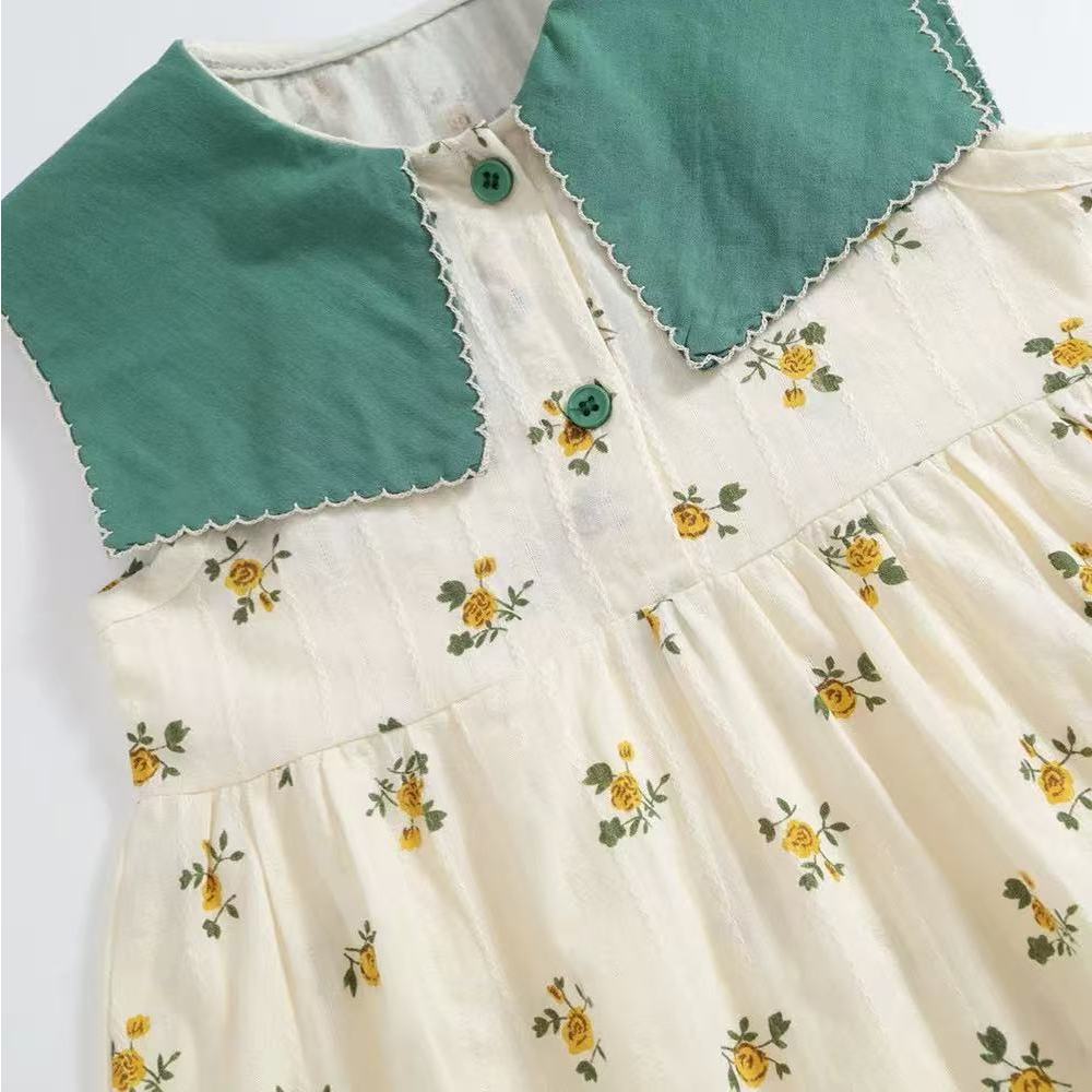 Mom Kids🌸พร้อมส่ง🌸ชุดเดรสลายดอกไม้ น' ารักสำหรับเด็ คอพับขนาดใหญ่สีเขียว แต่งกระดุม ชุดเดรสชายหาด - รูปที่ 6