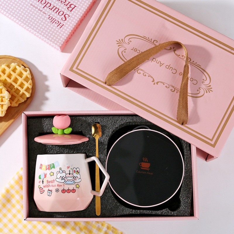 ‍  แก้วลายคริสมาส พร้อมที่อุ่นร้อน ทำอุณภูมิสูง45-55องศา เซตของขวัญ ของขวัญปีใหม่ chirstmas gift