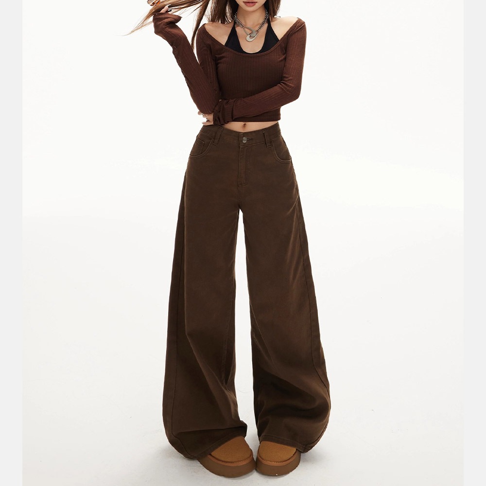 กางเกงยีนส์สำหรับผู้หญิง สีน้ำตาล ผ้าดี ชายสูง แบบพับรอย ทรงบานปลาย ใส่สบาย ผ้าเดนิม ฤดูร้อน - รูปที่ 2