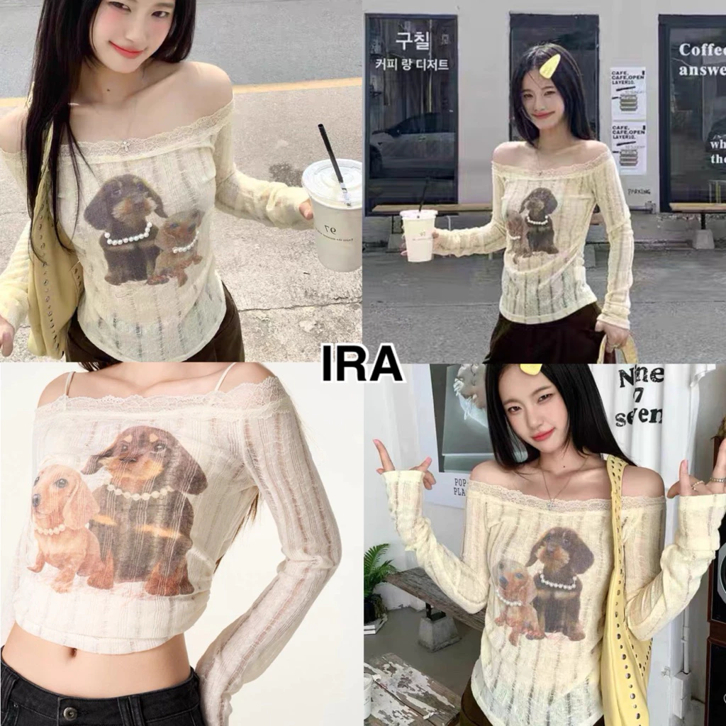 BY IRA (23262) Sydney Topเสื้อยืดแขนยาวผู้หญิง สไตล์ใหม่สำหรับฤดูใบไม้ผลิและฤดูใบไม้ร่วง ลายน้องหมาเย็บไหล่เดียว