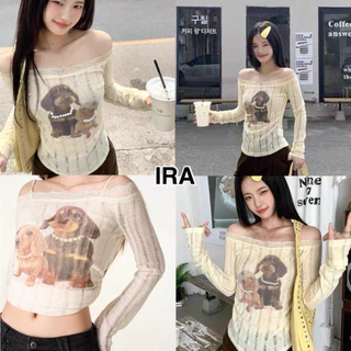 BY IRA (23262) Sydney Topเสื้อยืดแขนยาวผู้หญิง สไตล์ใหม่สำหรับฤดูใบไม้ผลิและฤดูใบไม้ร่วง ลายน้องหมาเย็บไหล่เดียว