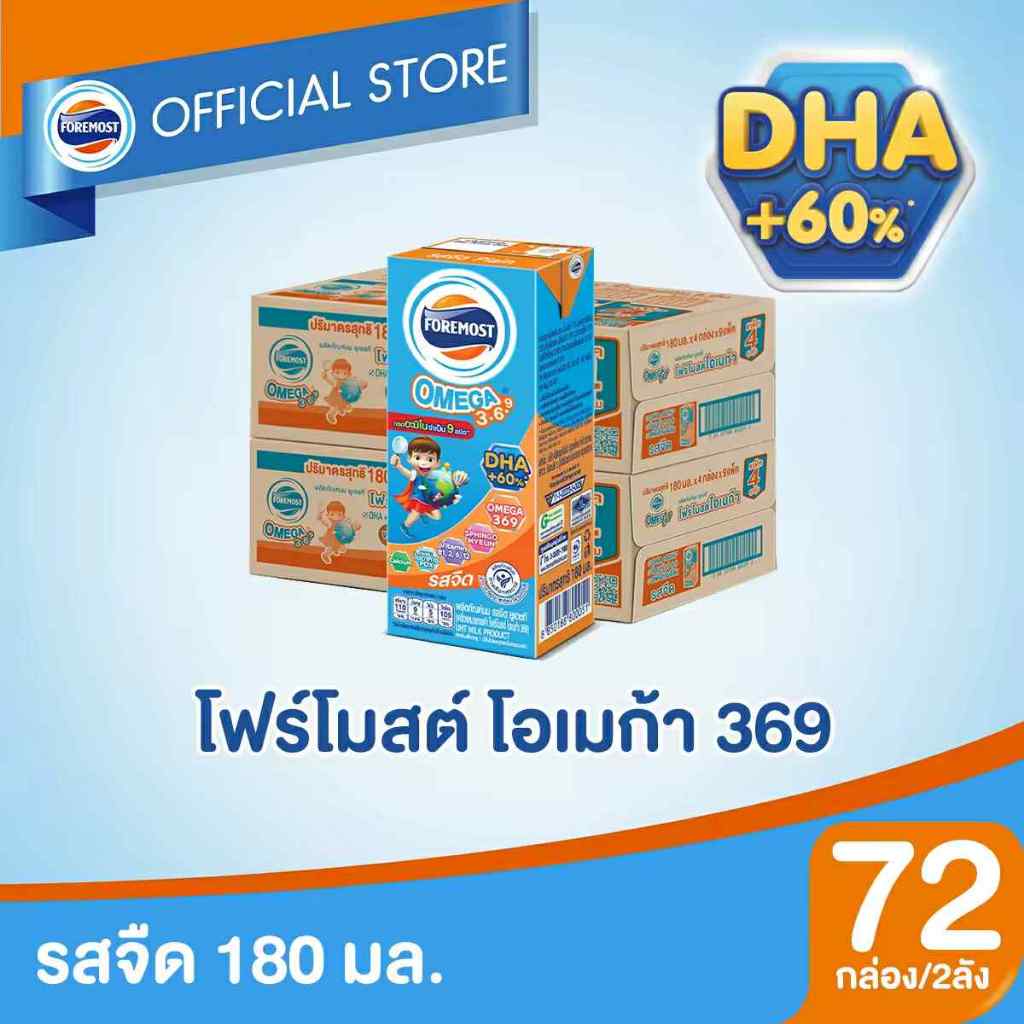 Foremost โฟรโมสต์ โอเมก้า 369 นมยูเอชที รสจืด ขนาด 180มล x36 กล่อง  (กล่องส้มยกลังx2ลัง)