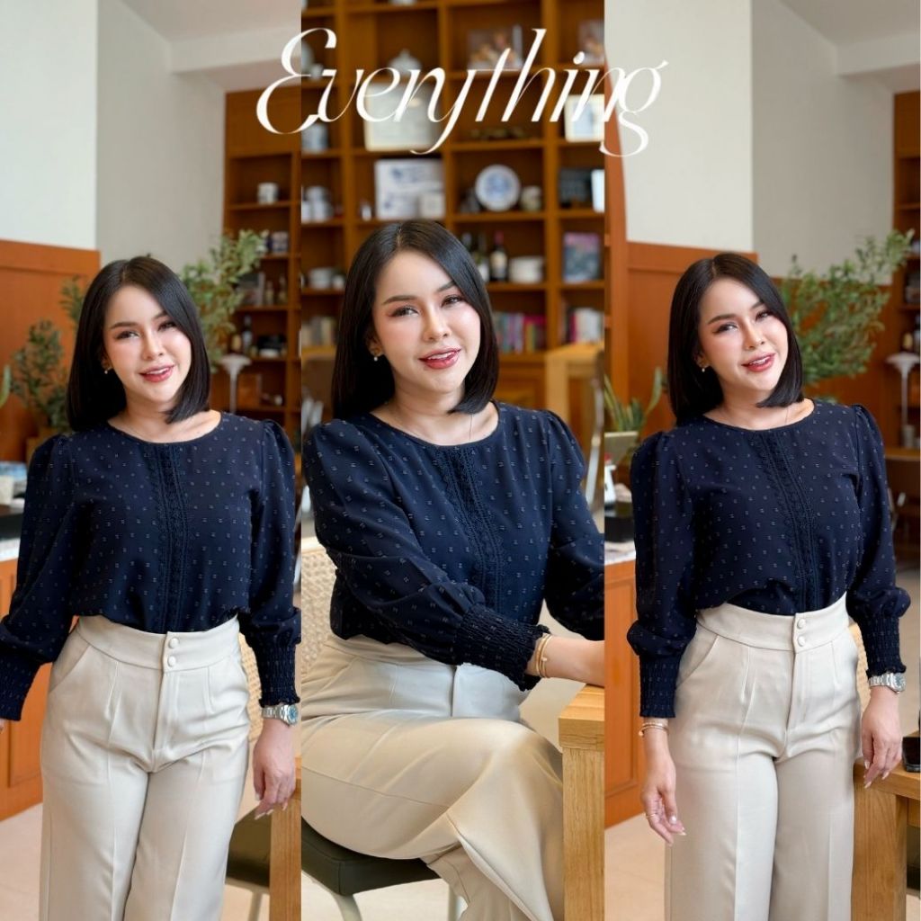 Everything2019  เสื้อทำงานผู้หญิงคอกลม แขนจั๊ม แต่งลูกไม้ งานสวยมาก มีหลายไซซ์ พร้อมส่ง (6393) - รูปที่ 3