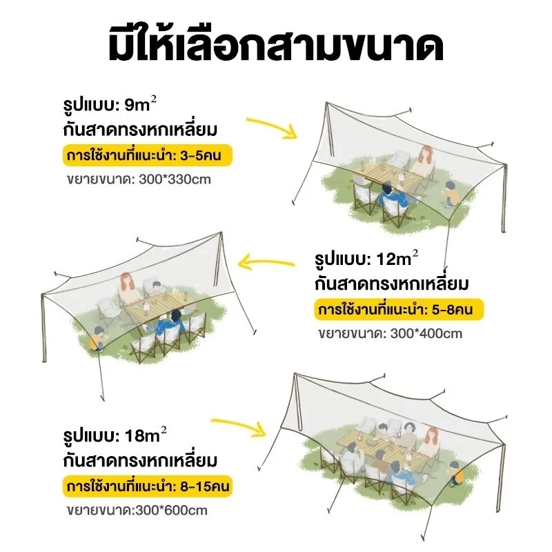 อุปกรณ์ครบชุด ฟลายชีท ผ้าใบ 3x3/3x4/3x6m เต้นท์แคมปิ้ง อุปกรณ์เดินป่าตั้งแคมป์ กันแดด กันฝน ฟรายชีท พร้อมเสา2ต้น thumbnail 10