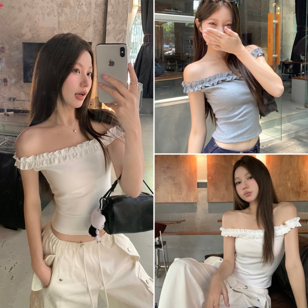 Beryl  เสื้อยืดเปิดไหล่สุดเซ็กซี่ ผ้าเนื้อนุ่ม ใส่สบาย กระชับสัดส่วน สำหรับผู้หญิง ฤดูร้อนปี สไตล์เกาหลีเรียบง่าย