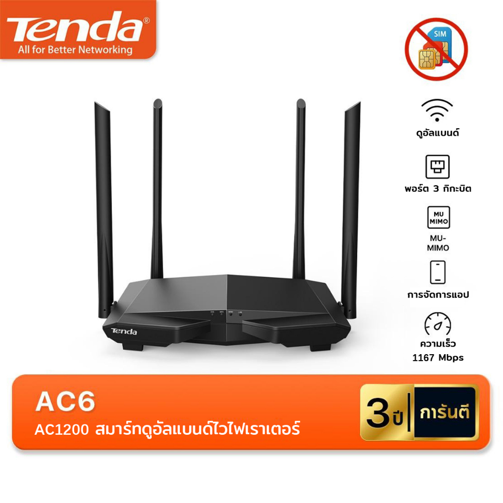 Tenda AC6 เราเตอร์ AC1200 Smart Dual-Band 2.4G/5G WiFi Router Repeater (ไม่รองรับการใส่ซิม)