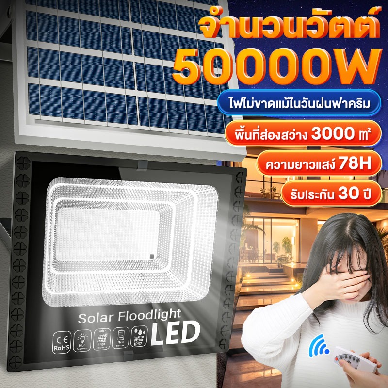 ไฟโซล่าเซลล์ 50000W Solar Light ซื่อ1แถม1 LED กันน้ำกลางแจ้ IP67 ใช้แคมปีปิ่ง สว่างอัตโนมัติเมื่อฟ่ามืด จับเวลาระยะไก