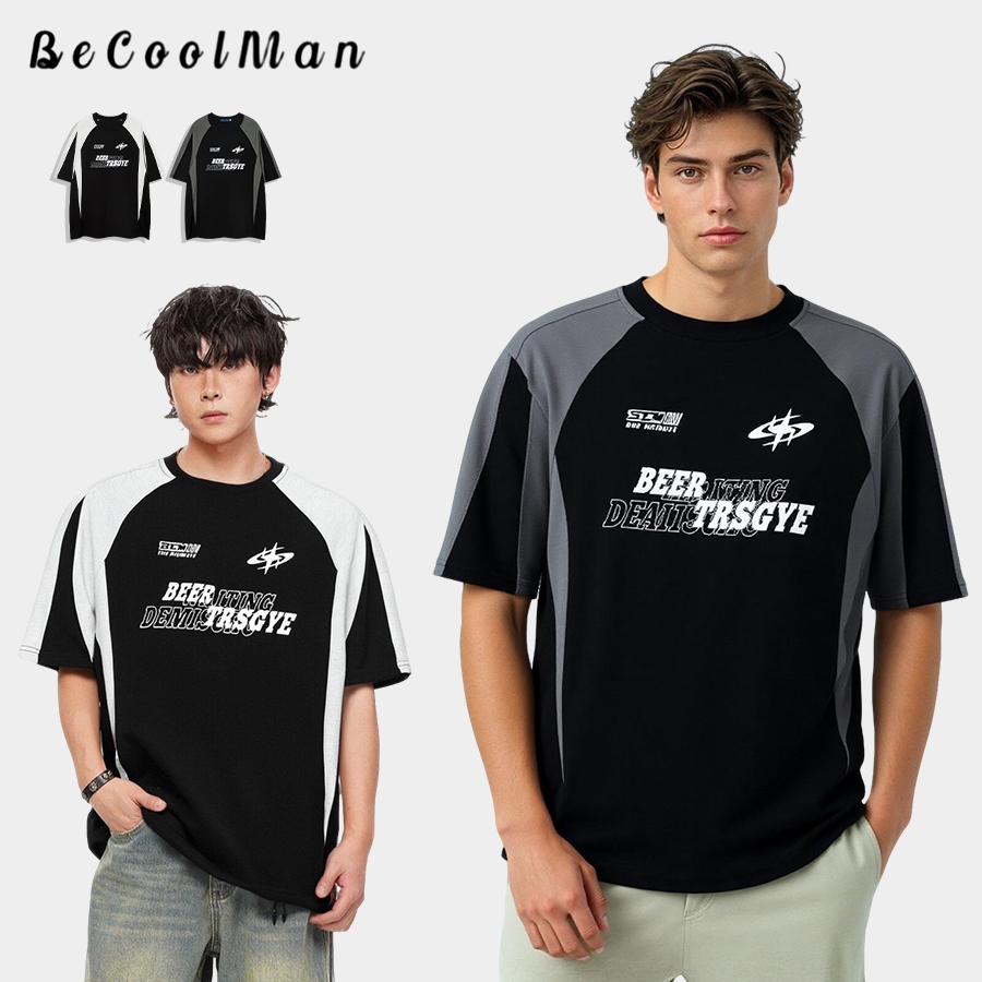 💥BECoolMan💥แขนสั้นวินเทจสไตล์อเมริกัน เสื้อยืดแฟชั่นพิมพ์ลายตัวอักษร เสื้อฤดูร้อนลำลองทรงหลวม