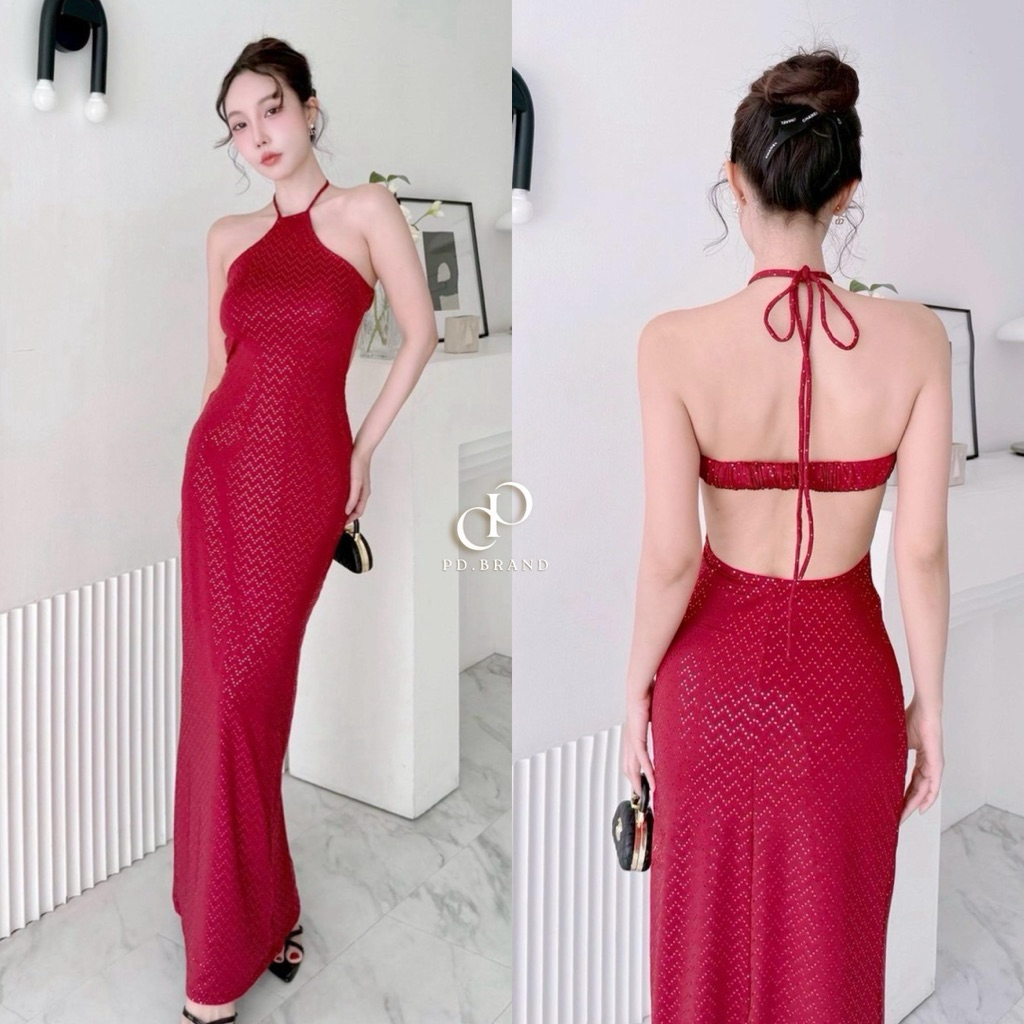 1437--Aug-- เดรสเพชรผูกคอ เว้าหลังผ้ายืดทิ้งตัว