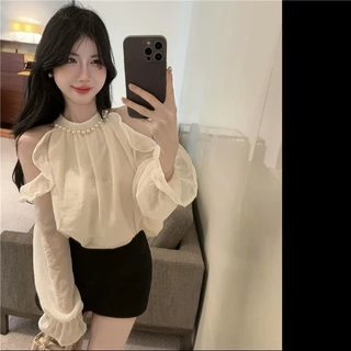 [Sheing office]🌟พร้อมส่ง🌟เสื้อเชิ้ตผ้าชีฟองแขนยาวผู้หญิง คอฮอลเตอร์ประดับมุก เสื้อเปิดไหล่