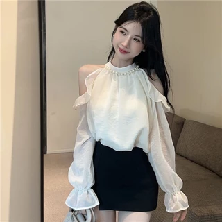 [Sheing office]🌟พร้อมส่ง🌟เสื้อเชิ้ตผ้าชีฟองแขนยาวผู้หญิง คอฮอลเตอร์ประดับมุก เสื้อเปิดไหล่