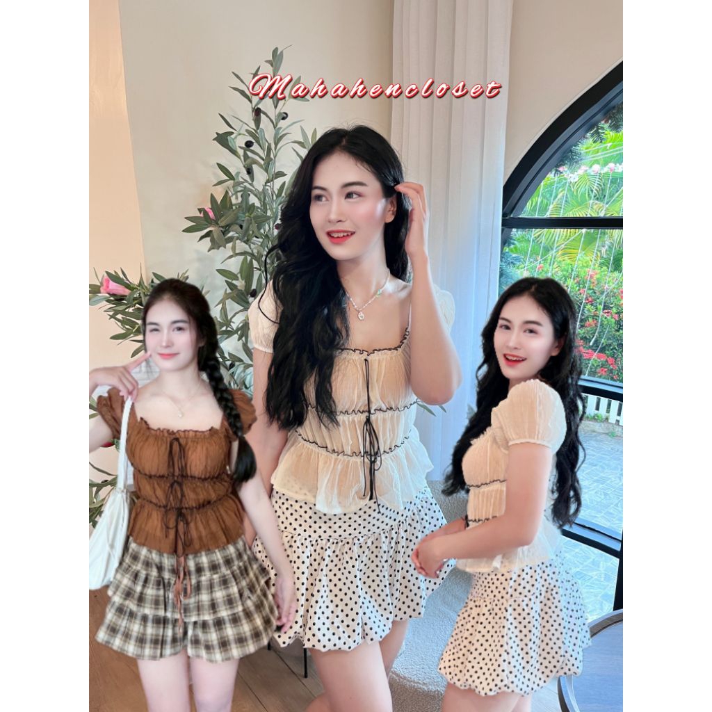 MahahengCloset เสื้อครอป ผ้าrossy ผูกโบว์ 3 ระดับ ทรงน่ารัก หวานละมุนโดนใจสุดๆ