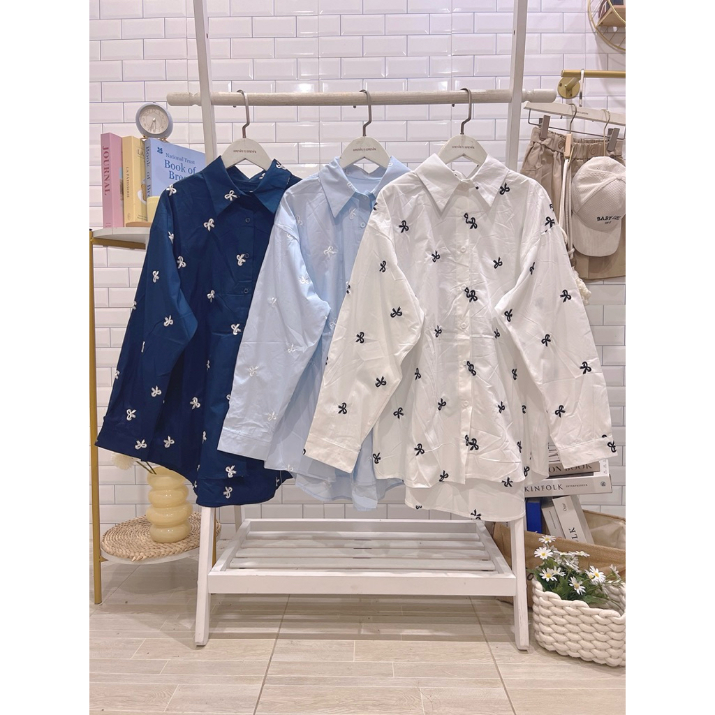 •H19• เสื้อเชิ้ตคอปกแขนยาวแฟชั่นผู้หญิงปักโบว์