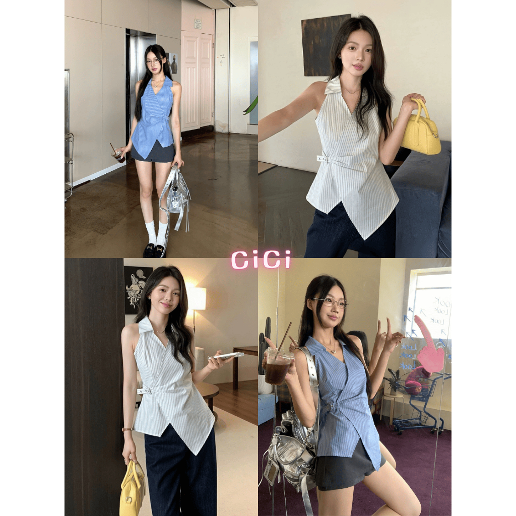 ส่งทันทีCici(NO. Y6381) เสื้อคอปกลายทางแขนกุด เอวด้านข้างปรับได้ แต่งปลายทรงเฉียง ใส่ทำงาน สไตล์ Old Money