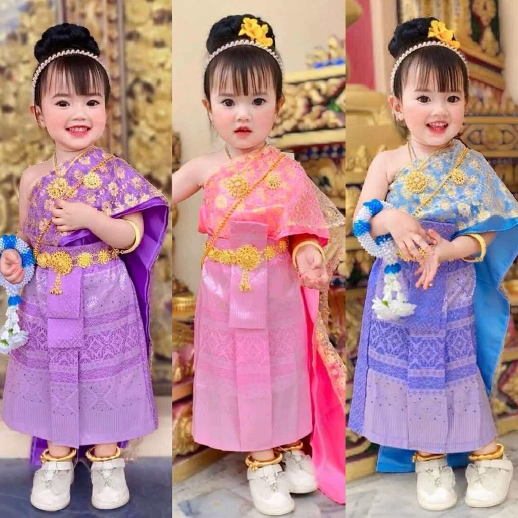 ชุดไทยเด็ก ชุดไทยสไบ 1-5ปี ชุดไทยประกวด ผ้าทอ ผ้าไหม สวยตรงปก