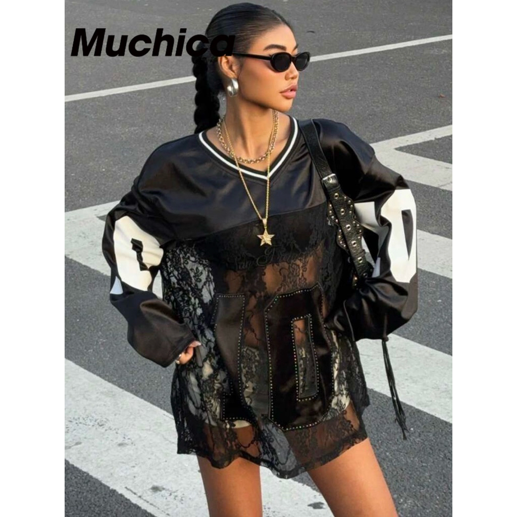[PRE] Muchica - Black Casual Long Sleeve Shirt - เสื้อแขนยาว ผ้าซาติน ตกแต่งลูกไม้ เสื้อซีทรู เสื้อคอวี ปักลาย แฟชั่น