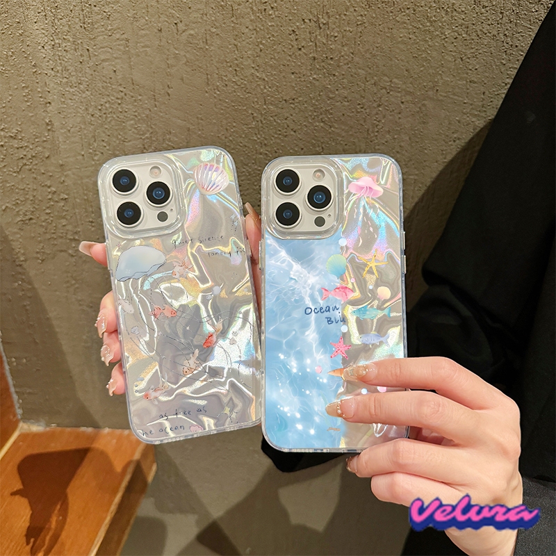 เคสไอโฟน 16 สำหรับ iPhone 15 11 13 16 12 14 Pro Max 8 7 16 14 15 Plus XR X XS Max 7/8Plusโรแมนติกเชลล์สดแมงกะพรุนน้ำริบ