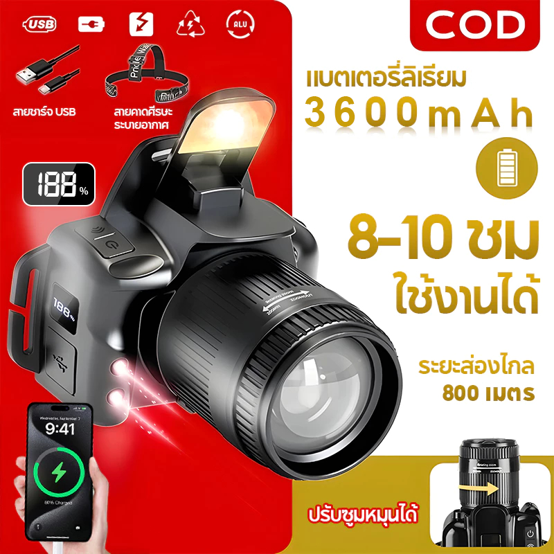LEEROUT ไฟฉาย LED ซูมได้ แบบพกพา ทนทาน สําหรับใช้ในครัวเรือน กลางแจ้ง ไฟฉายเลเซอร์ LED สว่างมาก ไฟคาดหัว led ไฟฉายคาดหัว