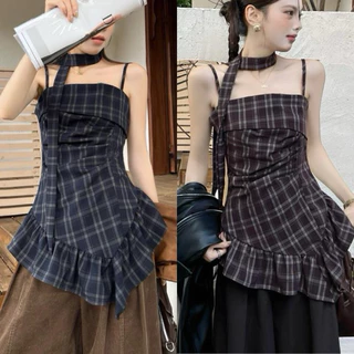 **พร้อมส่ง SM**BY0259 สายเดี่ยวลายสก็อตทรงเบี่ยงข้าง ผ้าดีมาก benly co