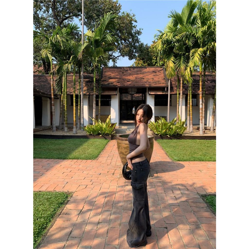 SuperCandy🌷เสื้อครอป คล้องคอ  โชว์หลัง สีพื้น ผู้หญิง  ปาดไหล่ข้างหนึ่ง เซ็กซี่  สีพื้น - รูปที่ 7