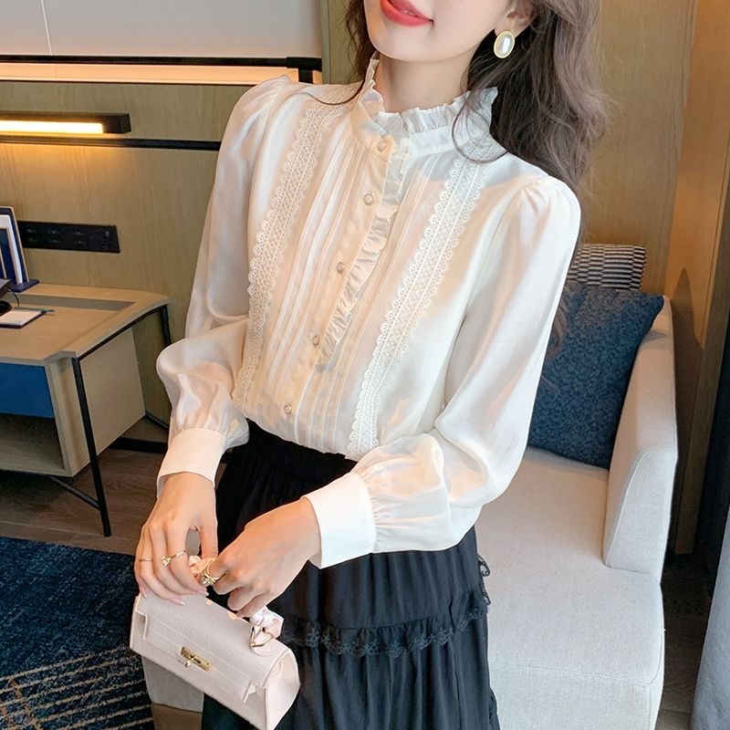 [Sheing office]🌟พร้อมส่ง🌟เสื้อเชิ้ตทำงานแขนยาวอเนกประสงค์สำหรับผู้หญิง ขอบระบายสีพื้น