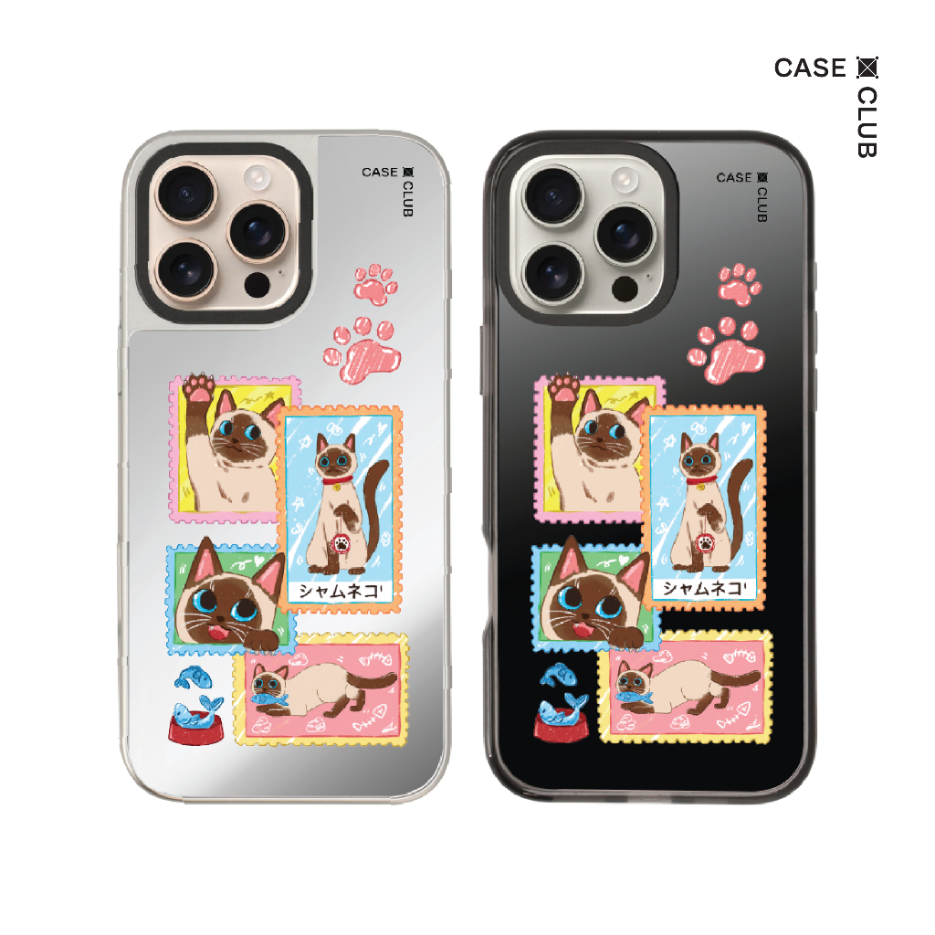 CaseClub เคสไอโฟน เคสกระจก ลาย Siamese Cat Stamp สำหรับ i17 Pro Max/i17 Pro/i17 Air/i17