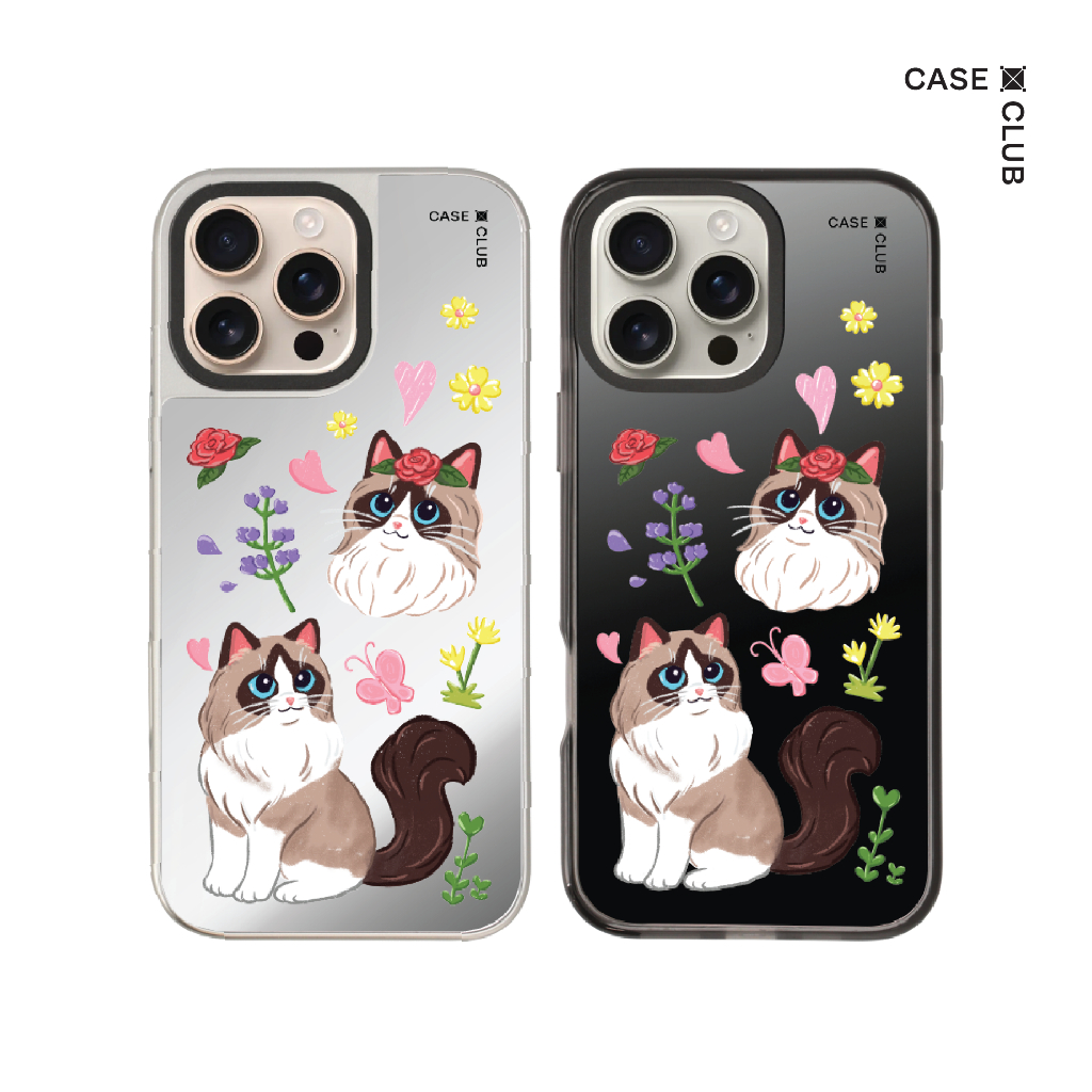 CaseClub เคสไอโฟน เคสกระจก ลาย Flower Ragdoll Cat สำหรับ i17 Pro Max/i17 Pro/i17 Air/i17
