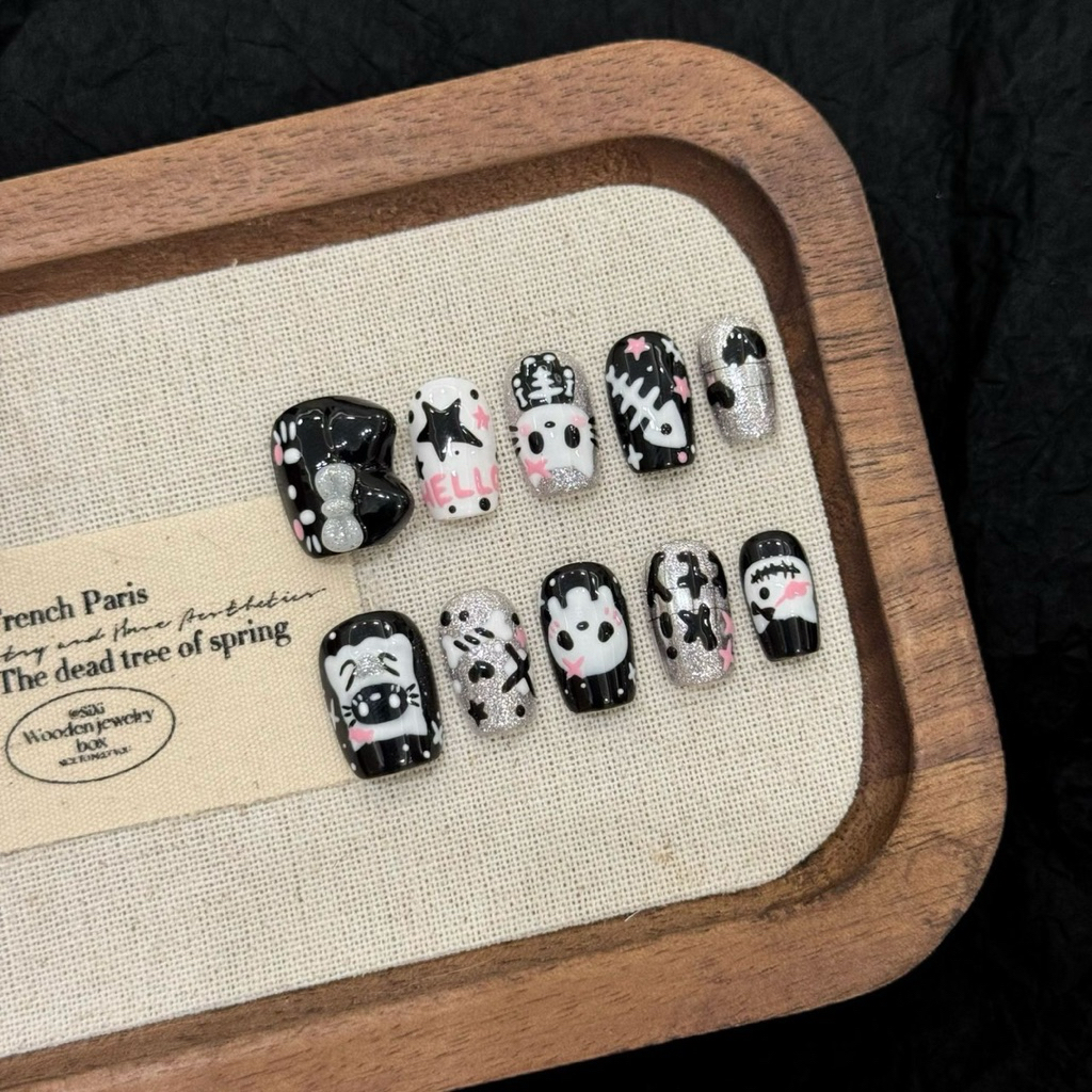 ฟรีกาว Handmade A3109 เล็บปลอมเจล, ฮาโลวีน เคที, แมวดําหวาน, ลูกแมวสามมิติที่วาดด้วยมือ