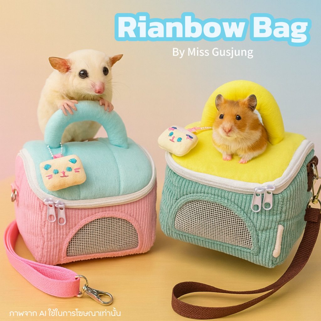 Rainbow Bag กระเป๋าลูกฟูกสำหรับสัตว์เล็ก สีสดใสน่ารัก แถมพวงกุญแจหมอนชูการ์ สายสะพายถอดได้ปรับได้ ชูการ์ แฮมเตอร์ แกสบี้