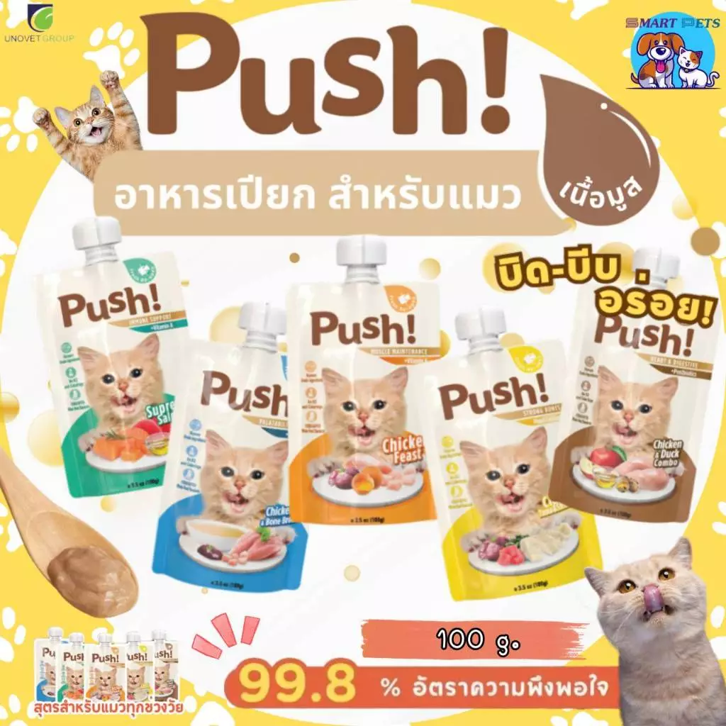 Push พุช อาหารเปียกแมว เนื้อมูส สูตร Complete&Balance ขนาด 100 กรัม ซองบีบ ทานง่าย