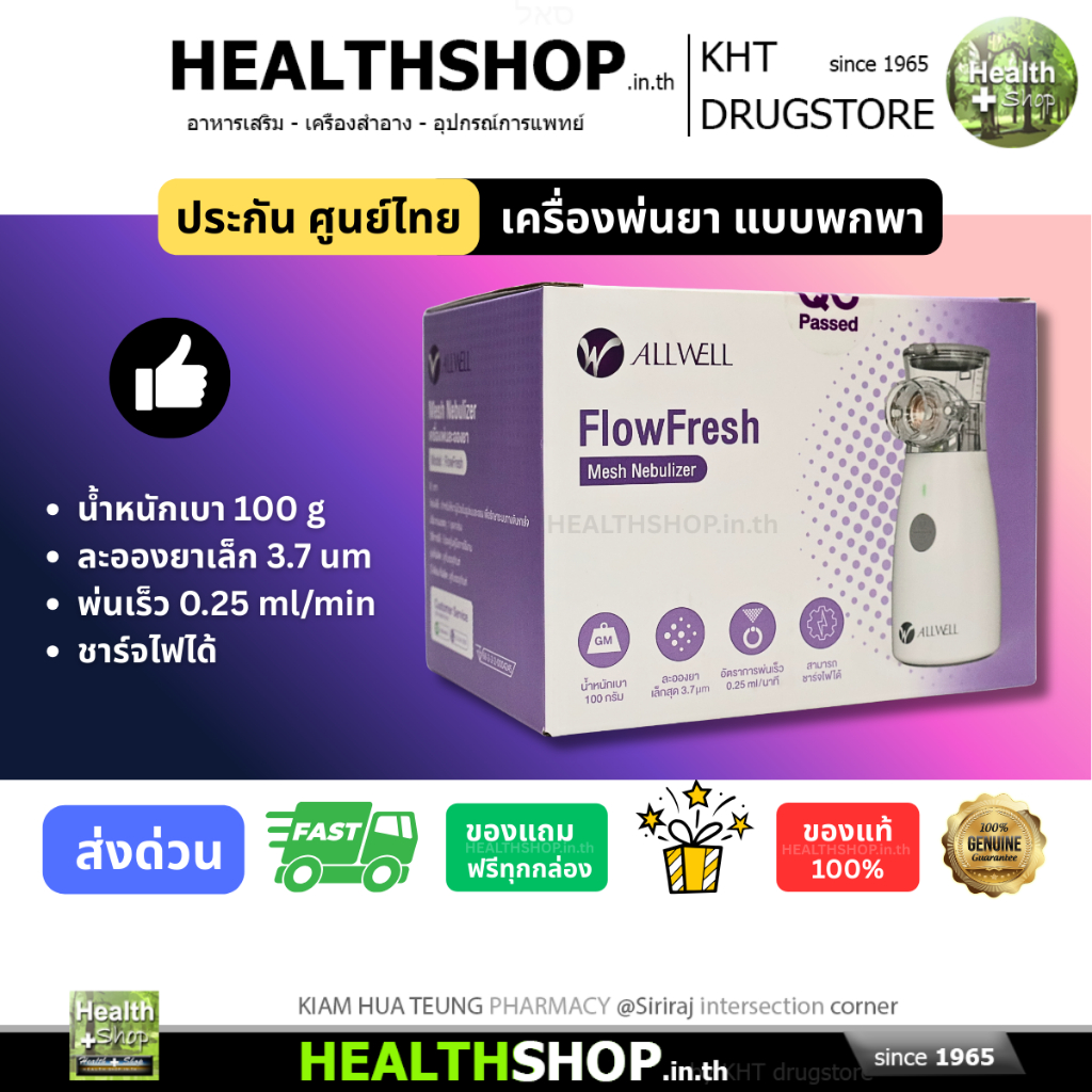 [ประกัน ศูนย์ไทย] ALLWELL FlowFresh Mesh Nebulizer เครื่องพ่นยา แบบพกพา น้ำหนักเบา ละอองยาละเอียด