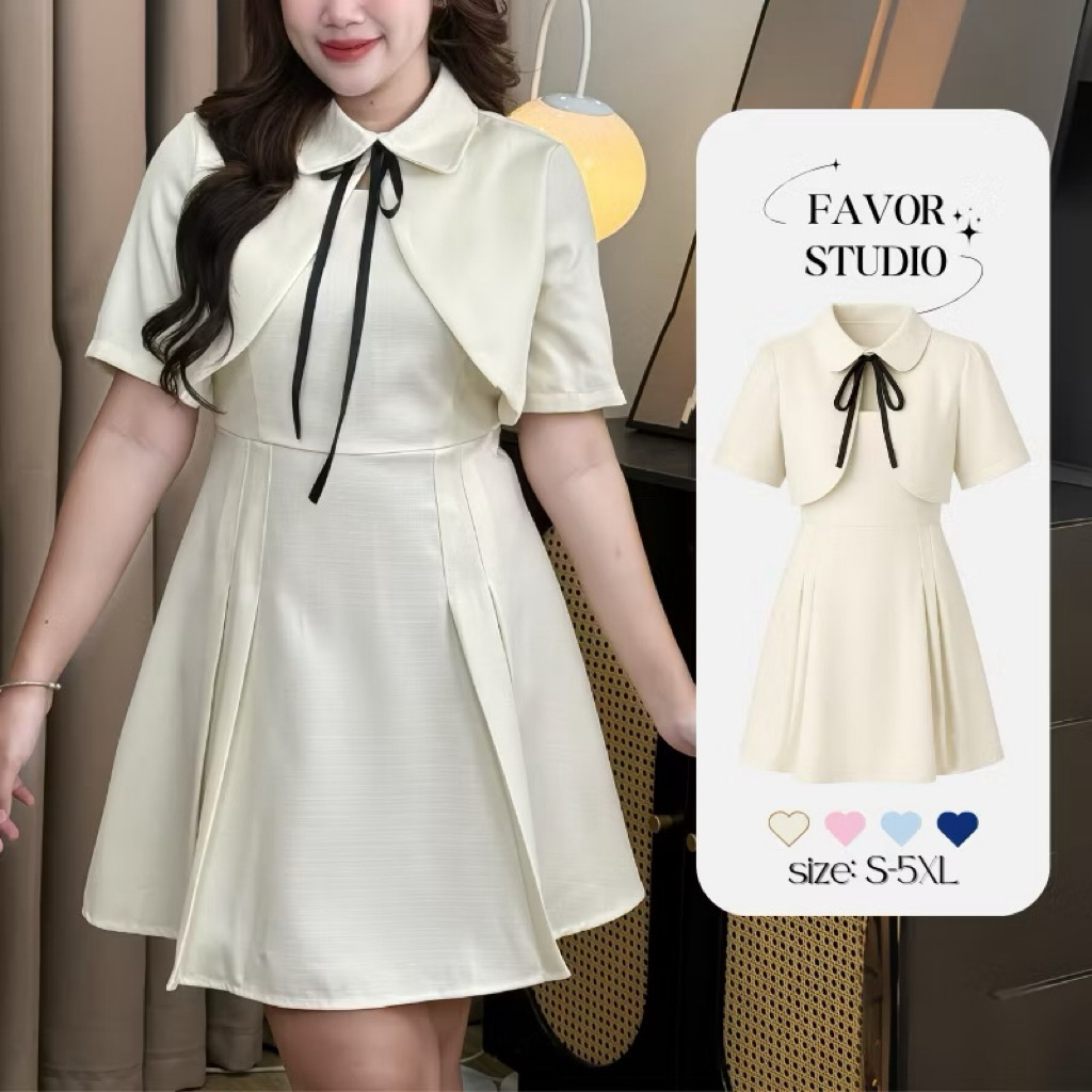 Favor studio ชุดเดรสหวานละมุนสไตล์นักเรียนเกาหลี ผูกโบว์น่ารัก ทรงเอสวย งานดีใส่สบาย
