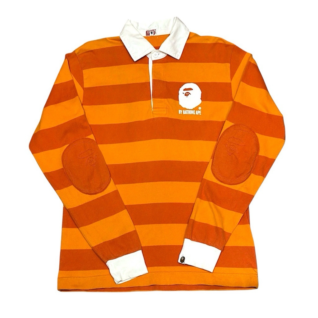 USED !!! BAPE ORANGE STRIPED LONG SLEEVE APE HEAD RUGBY POLO