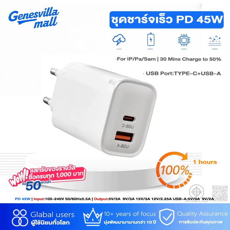 PD 45W หัวชาร์จเร็ว หัวชาร์จ 45W PD + QC3.0 USB A หัวชาร์จมือถือ พอร์ตคู่ ชาร์จเร็ว ปลอดภัย ไม่ร้อน