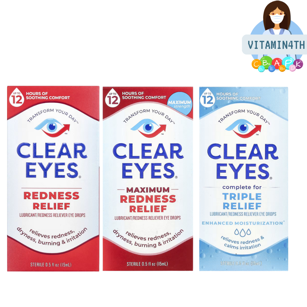 Clear Eyes, Triple Relief,Redness Relief, Maximum Redness Relief Eye Drops (15 ml) EXP 06/2027