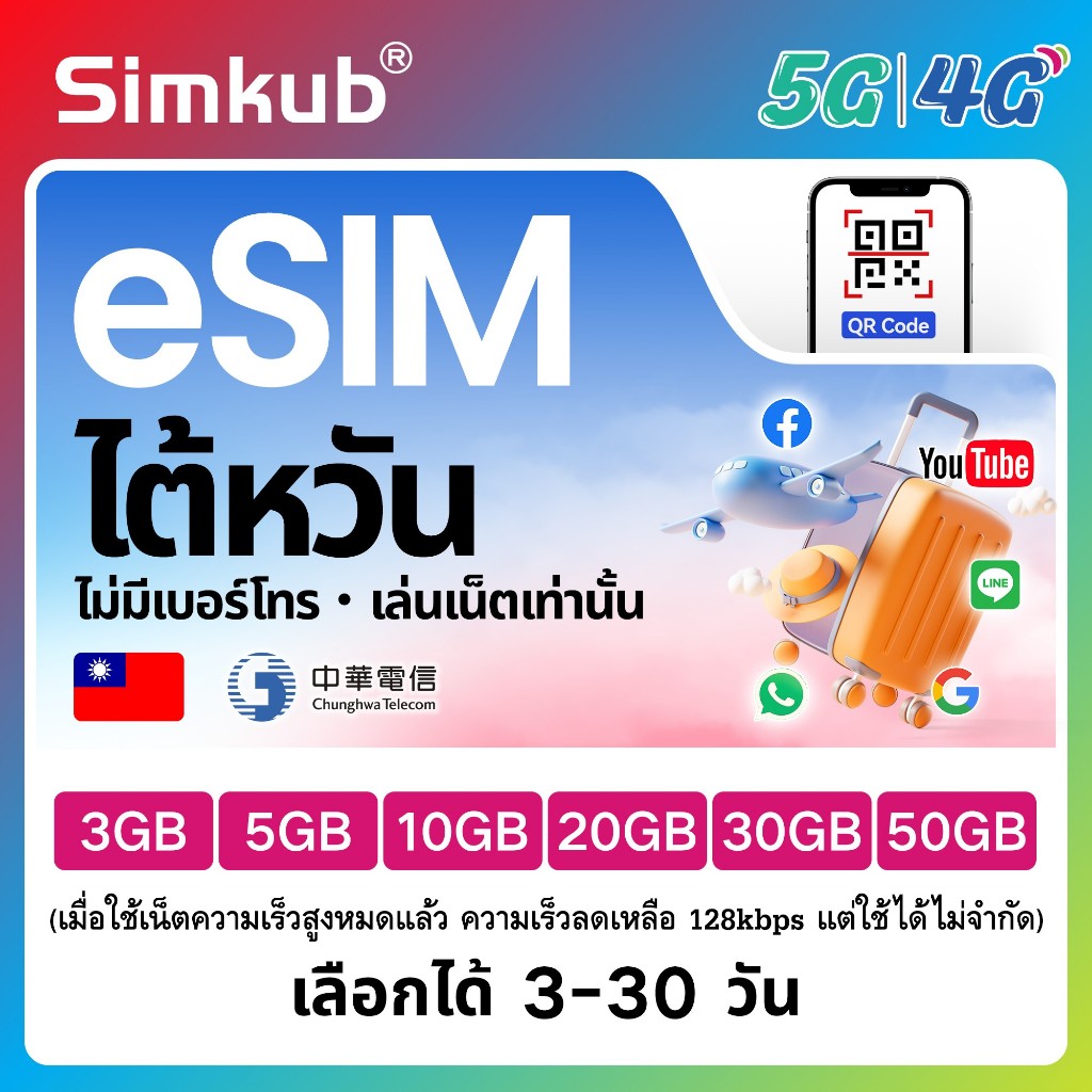 eSIM Taiwan เครือข่าย CHT ซิมท่องเที่ยว ไต้หวัน เน็ต 3-50GB รองรับ 5G/4G เลือกได้ 3-30 วัน