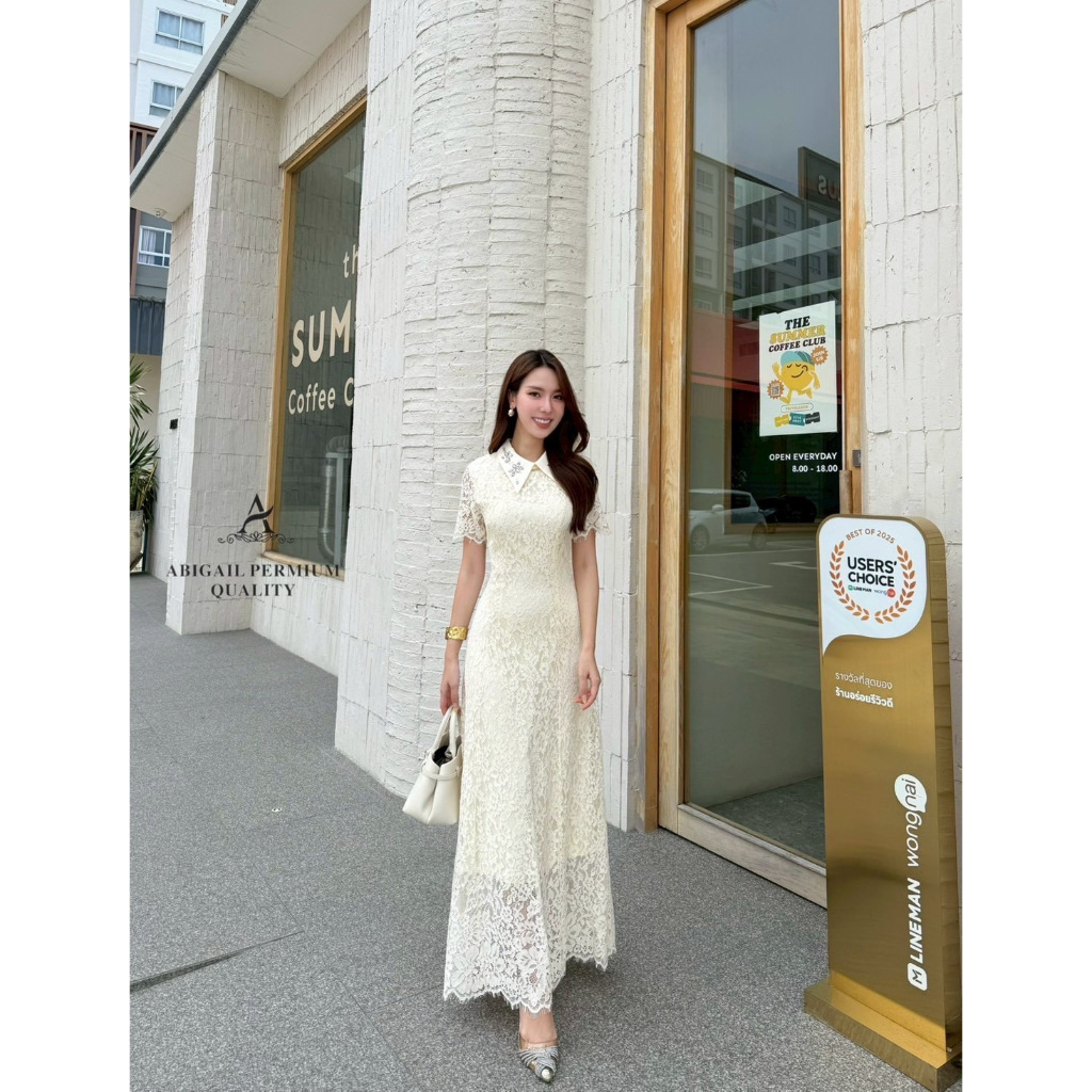 ABG247 ABIGAIL BRAND ชุดเดรสลูกไม้แขนสั้น ปกคอแต่งเพชร [2PM]