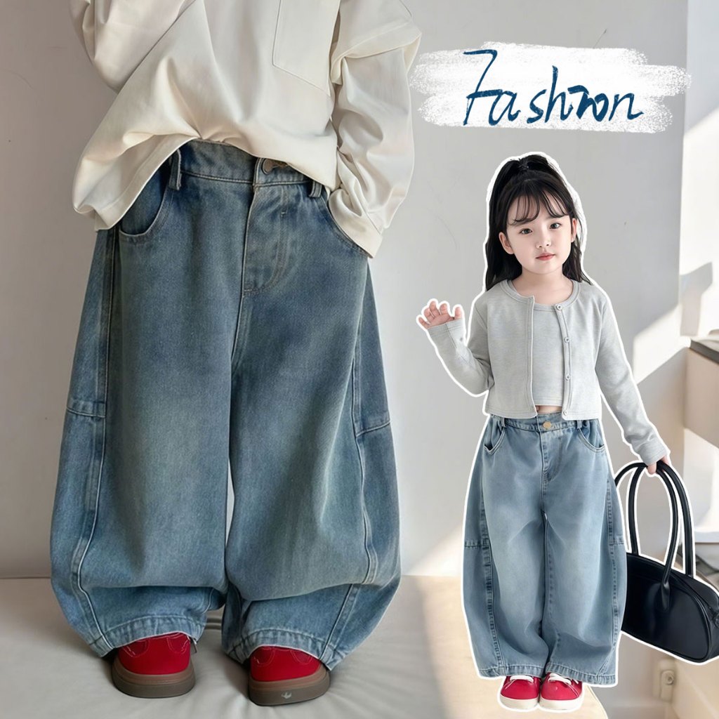 Beryl kids🌸กางเกงขายาวเด็ก🎀กางเกงยีนส์เด็กผู้หญิงแฟชั่น สไตล์ตะวันตก ขากว้าง ผ้านิ่ม สไตล์ฤดูใบไม้ผลิและฤดูใบไม้ร่วง