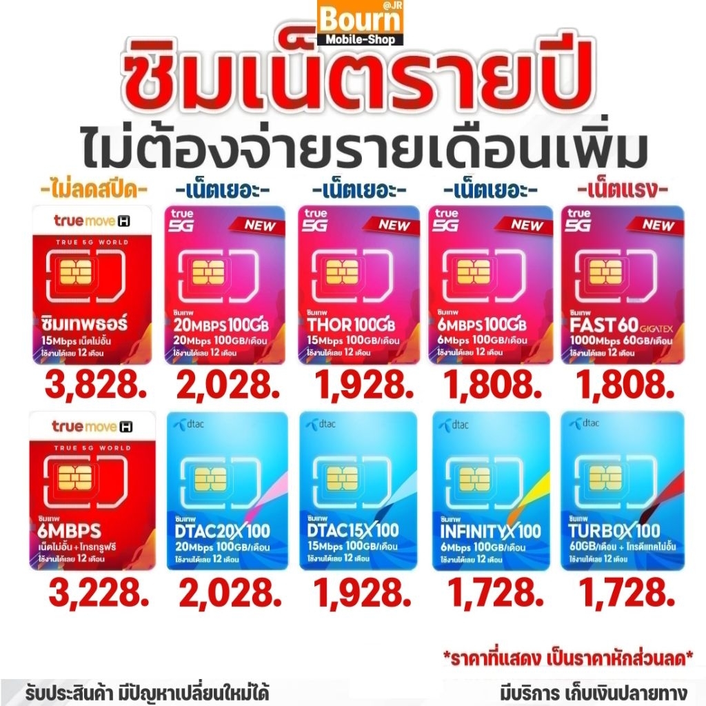 ซิมเทพ ซิมเน็ตรายปี | ทรู​ เทพธอร์ ไม่ลดสปีด 15Mbps​ 6Mbps Fast60 30Mbps | ดีแทค 100GB 6-20Mbps Turb