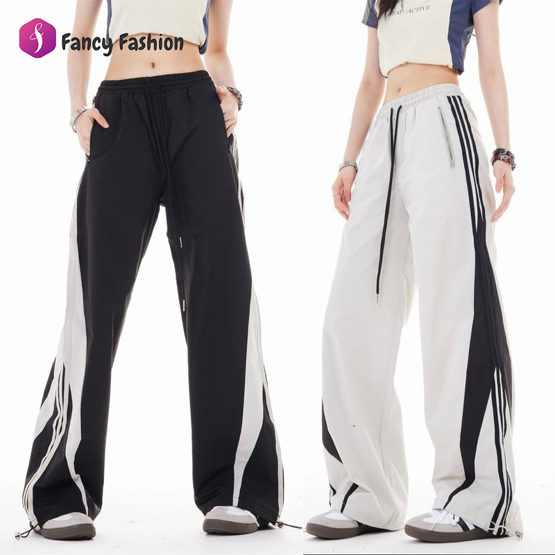 Fancy กางเกงขายาวทรงตรงลายทางย้อนยุค แห้งเร็ว กางเกงขายาวลำลองทรงหลวมแบบต่อลายขาวดำ M-3XL