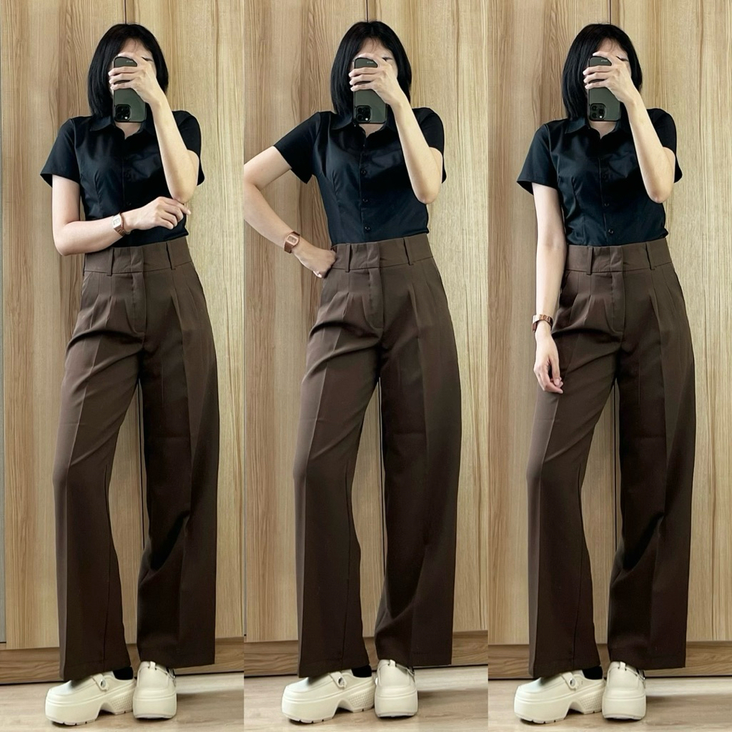 กางเกงกระบอกกลางเอวสูง ผ้าA80 (มีหู รุ่นตะขอหน้า)