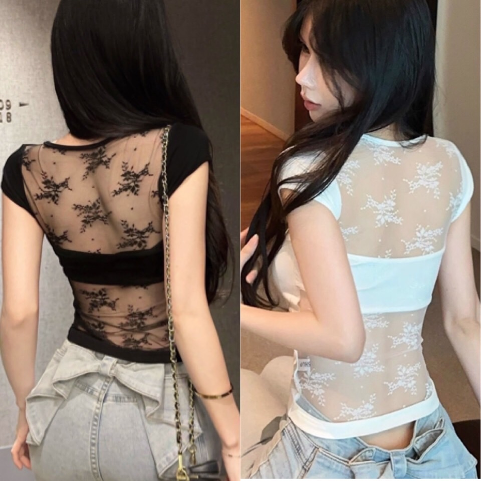 เสื้อยืดรัดรูปหลังซีทรูลูกไม้มีฟองน้ำ สวยเซ็กซี่ มั่นใจทุกการเคลื่อนไหว