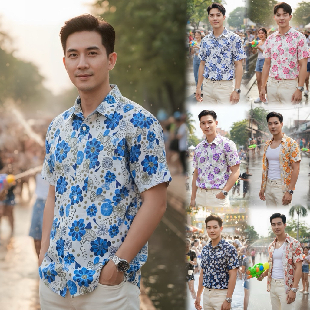 เสื้อพื้นเมืองผู้ชายคอเชิ้ตลายดอกบานชื่น สงกรานต์
