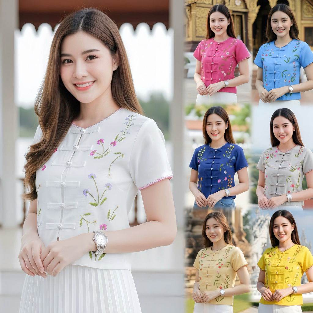 เสื้อพื้นเมืองผู้หญิงคอกลมปักดอก งานปักมือ ลายดอกเป็นธรรมชาติ