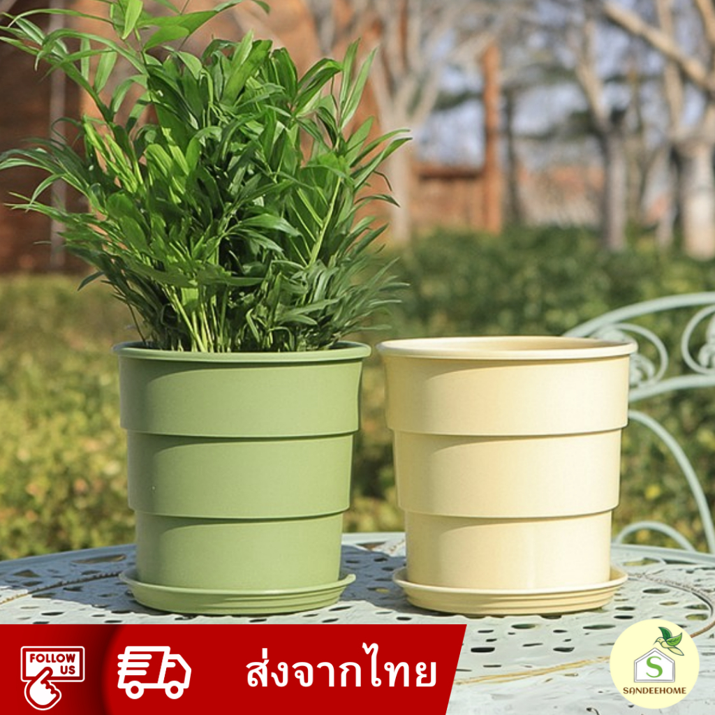 กระถางต้นไม้พร้อมจานรอง กระถางดอกไม้พลาสติก สไตล์มินิมอล กระถางลาย สีพาสเทล รูเยอะระบายน้ำได้ดี